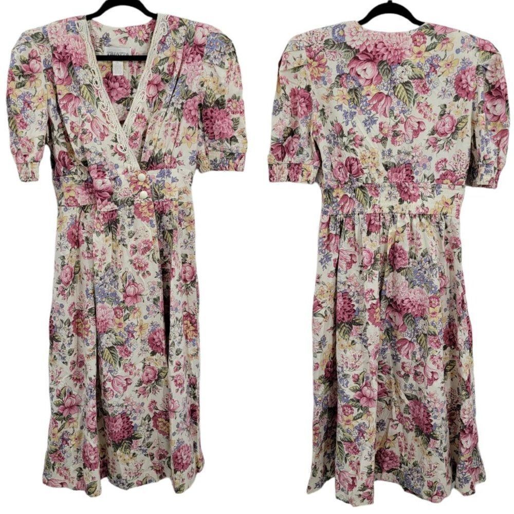 Vtg 80's Womens L Dress Cottage Core Mock Wrap Puff Sleeve Full Midi Floral Pink